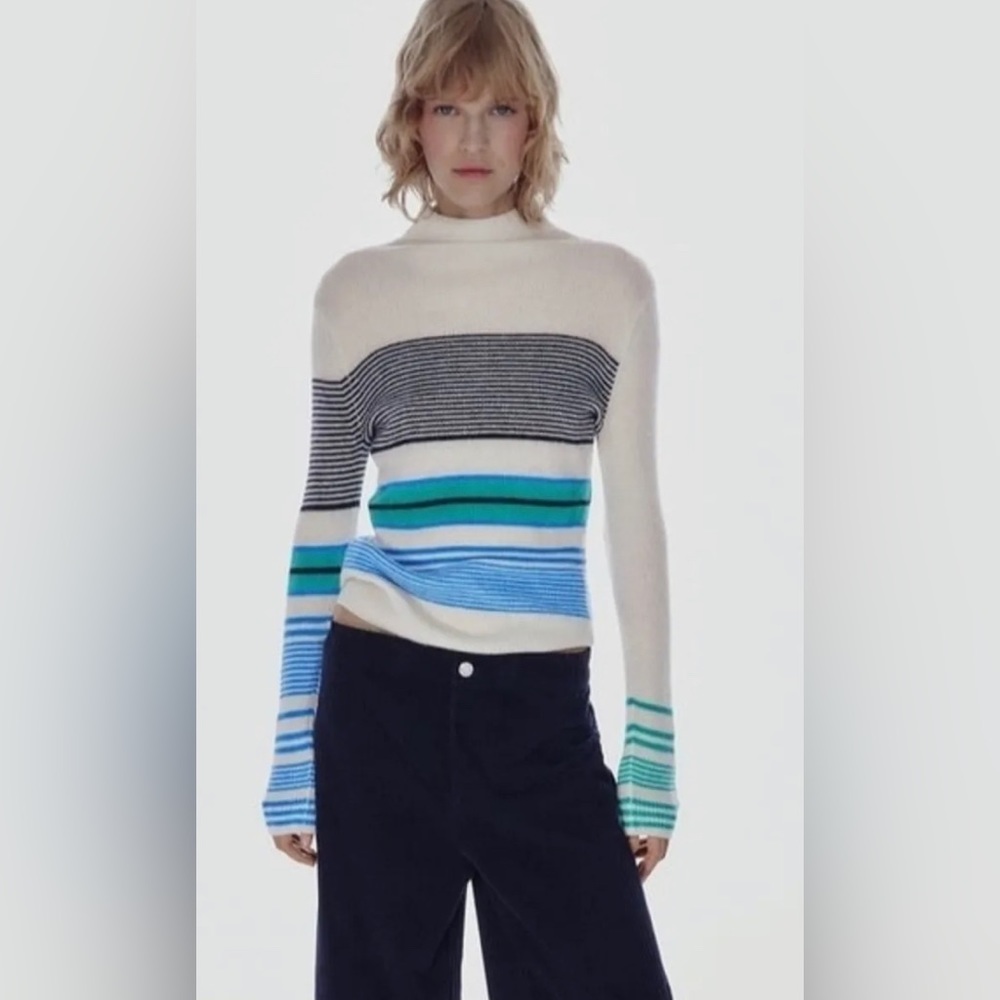 Zara size medium sweater- worn once, white with green blue and black stripes